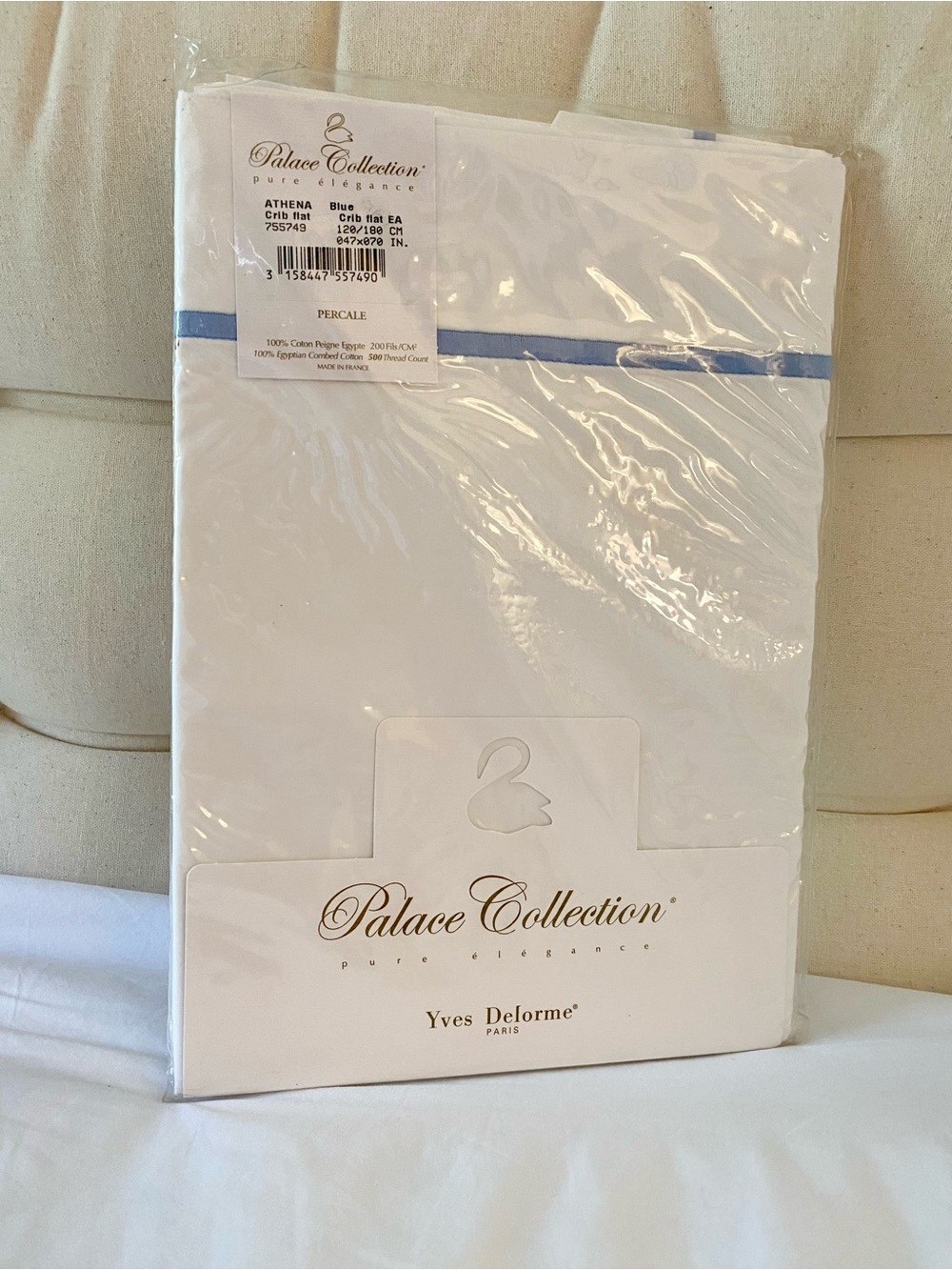 Yves Delorme Palace Collection White Percale Crib Sheet, Light Blue Trim (RARE!)